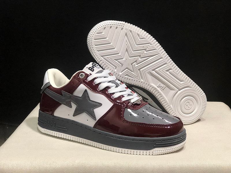 BAPE Sta Low 'Burgundy/White/Grey' | Patent Leather Star Panel Low-Top Sneaker